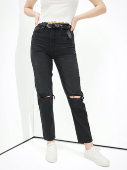 American Eagle - Women Black Ripped Mom Straight Jean