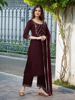 Gahan - Womens Viscose Rayon Straight Embroidery Kurta With Pant &Dupatta - Wine