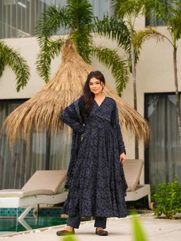 Gahan - Womens Viscose Rayon Anarkali Printed Kurta with Pant & Dupatta - Blue