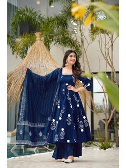 Gahan - Womens Viscose Rayon Anarkali Printed Kurta with Palazzo & Dupatta - Blue