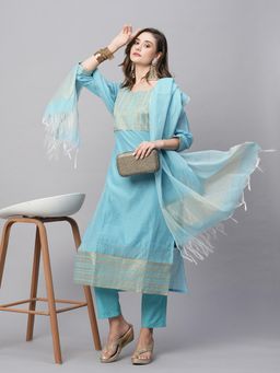 Gahan - Womens Viscose Rayon Straight Printed Kurta with Pant & Dupatta - Turquoise