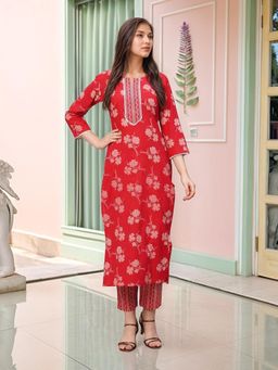 Gahan - Womens Viscose Rayon Straight Printed Kurta with Pant - Red