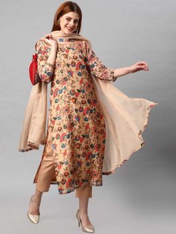 Gahan - Womens Viscose Rayon Straight Printed Kurta with Pant & Dupatta - Beige