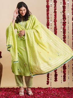 Gahan - Womens Viscose Rayon Straight Printed Kurta with Pant & Dupatta - Green