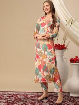 Gahan - Womens Viscose Rayon Straight Printed Kurta with Pant - White