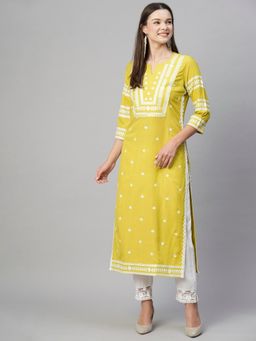 Gahan - Womens Viscose Rayon Straight Embroidery Kurta - Yellow
