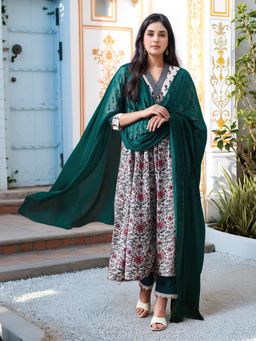 Gahan - Womens Viscose Rayon Anarkali Printed Kurta with Pant & Dupatta - White