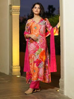 Gahan - Womens Viscose Rayon Straight Printed Kurta with Pant & Dupatta - Pink