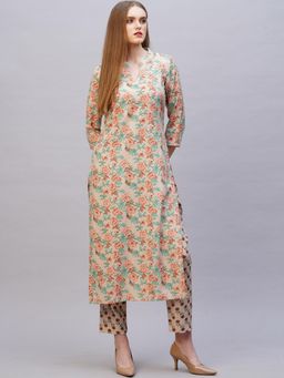 Gahan - Womens Viscose Rayon Straight Printed Kurta with Pant - Peach