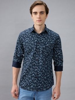 Giordano - Men Navy Blue Slim Fit Cotton Floral Printed Long Sleeves Casual Shirt
