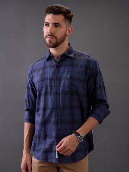 Giordano - Men Navy Slim Fit Cotton Tartan Checked Long Sleeves Casual Shirt