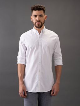 Giordano - Men White Slim Fit Cotton Solid Collar Long Sleeves Casual Shirt