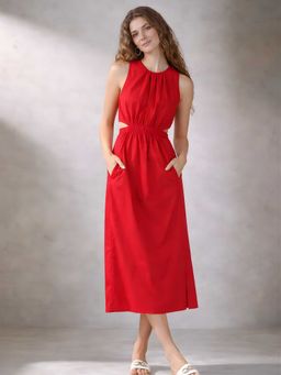 Lounge Dreams - Women's Red Pure Cotton A-Line Dress