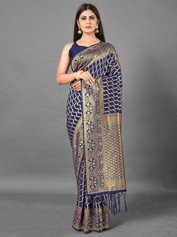 Akhilam - Womens Silk Blend Navy Blue Woven Design Designer Saree with Unstitched Blouse
