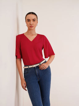 FABLE STREET - Red Solid V-Neck Top
