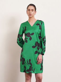 FABLE STREET - Satin Floral Print Shift Dress - Green and Black