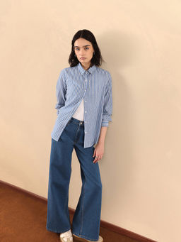 FABLE STREET - Cotton Linen Stripes Shirt - Blue