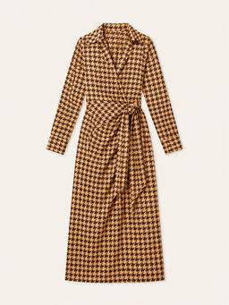 FABLE STREET - Houndstooth Print Wrap Dress - Brown And Gold