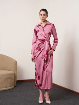 FABLE STREET - Pink Satin Floral Print Wrap Dress