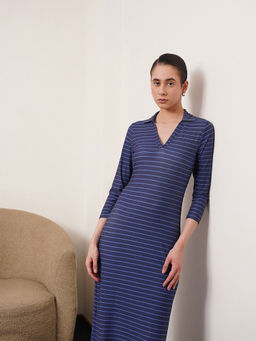 FABLE STREET - Women Navy Blue Stripes Midi Length Dress
