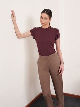 FABLE STREET - Polyester Regular Fit Short Sleeve Band Collar Maroon Women Top