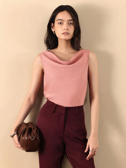 FABLE STREET - Women Regular Fit Cowl Neck Solid Pink Top