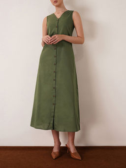 FABLE STREET - Cotton Button Down A-Line Dress - Olive