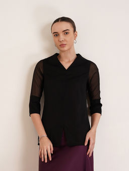 FABLE STREET - Front Slit Sheer Sleeve Top Black