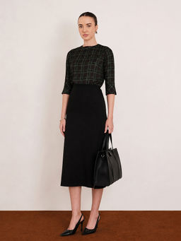 FABLE STREET - High Round Neck Printed Plaid Top Black & Green