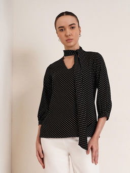 FABLE STREET - Bow Neck Polka Top Black & White