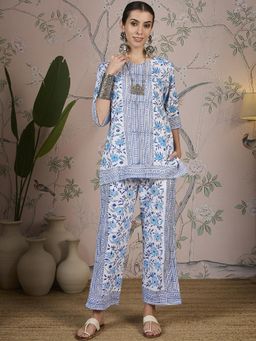 Gahan - White Pure Hand Block Printed Top with Pant (Set of 2)
