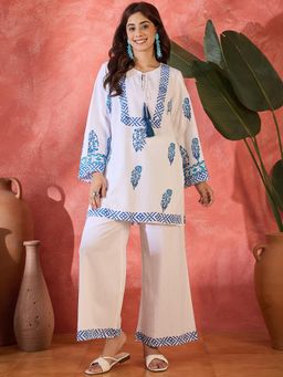 Gahan - White Handblock Printed Top with Pant (Set of 2)