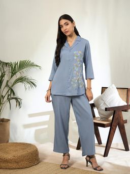 Gahan - Blue Floral Thread Embroidery Shirt with Pant (Set of 2)