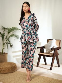 Gahan - Blue and Multi-Color Floral Printed Ruffled Top with Pant (Set of 2)