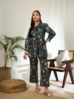 Gahan - Teal Floral Printed Knot Style Top with Pant (Set of 2)