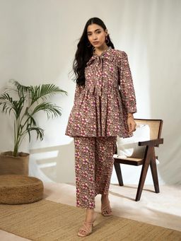 Gahan - Brown Floral Printed Knot Style Top with Pant (Set of 2)