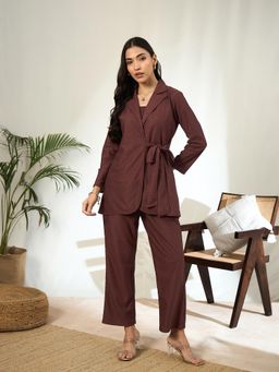 Gahan - Brown Self Design Tie Up Shrug Style Inner & Shrug with Pant (Set of 3)