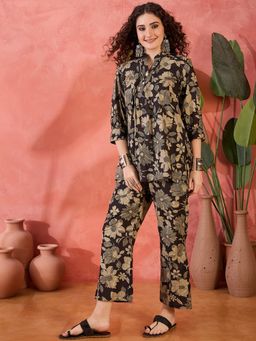 Gahan - Black Floral Printed Top with Pant (Set of 2)