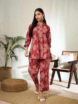 Gahan - Red Floral Printed Top with Pant (Set of 2)