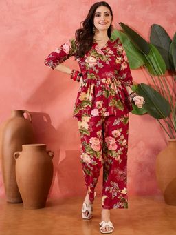 Gahan - Red and Multi-Color Floral Printed Ruffled Top with Pant (Set of 2)