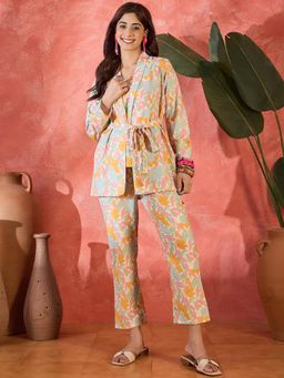 Gahan - Floral Pastel Printed Inner & Shrug with Pant (Set of 3)