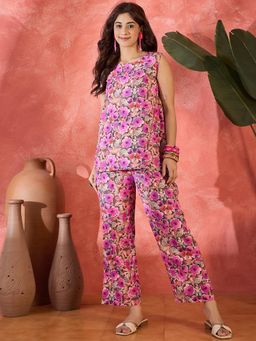 Gahan - Women Pink & Purple Floral Printed Sleeveless Top with Pant (Set of 2)