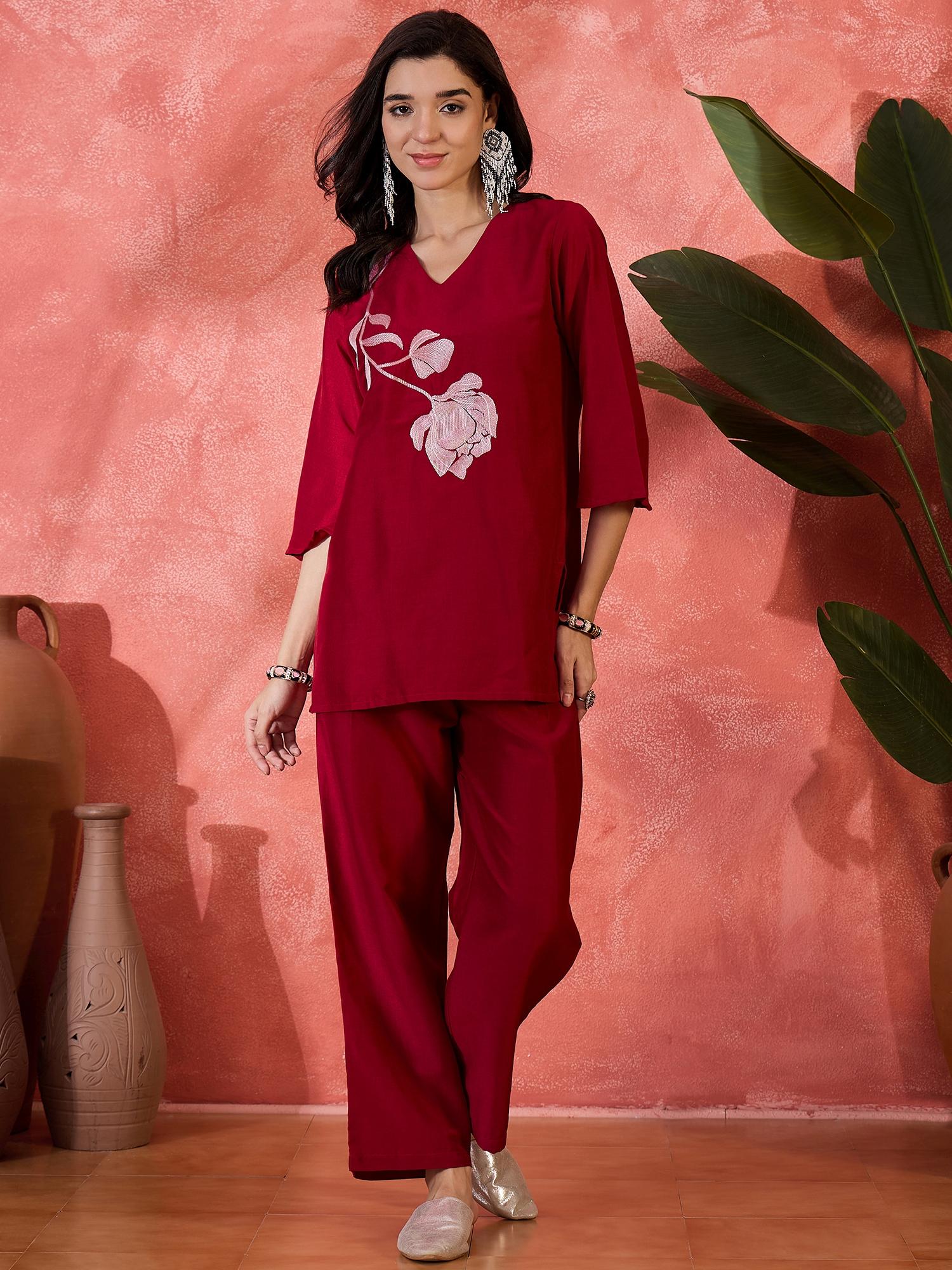 Pink Floral Embroidery Top with Pant (Set of 2)-image-2