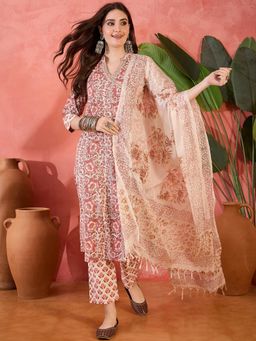 Gahan - Rust A Line Angrakha Kurta with Pant & Dupatta (Set of 3)