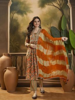 Gahan - Orange Floral Printed Embroidery Anarakali Kurta with Pant & Dupatta (Set of 3)