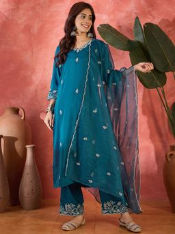 Gahan - Teal Floral Embroidery Kurta with Pant & Dupatta (Set of 3)