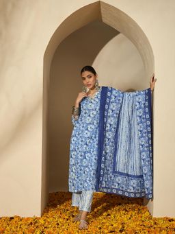Gahan - Blue Floral Printed Embroidery Kurta with Pant & Dupatta (Set of 3)