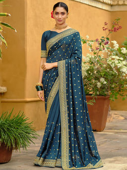 Odette - Teal Vichitra Embroidered Saree with Unstitched Blouse