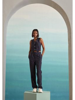 Muvazo - Navy Blue Polyester Stripes Co-Ords Sets