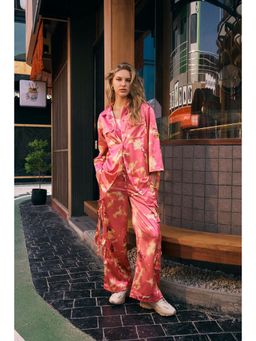 Muvazo - Pink Polyester Satin Printed Co-Ords Sets